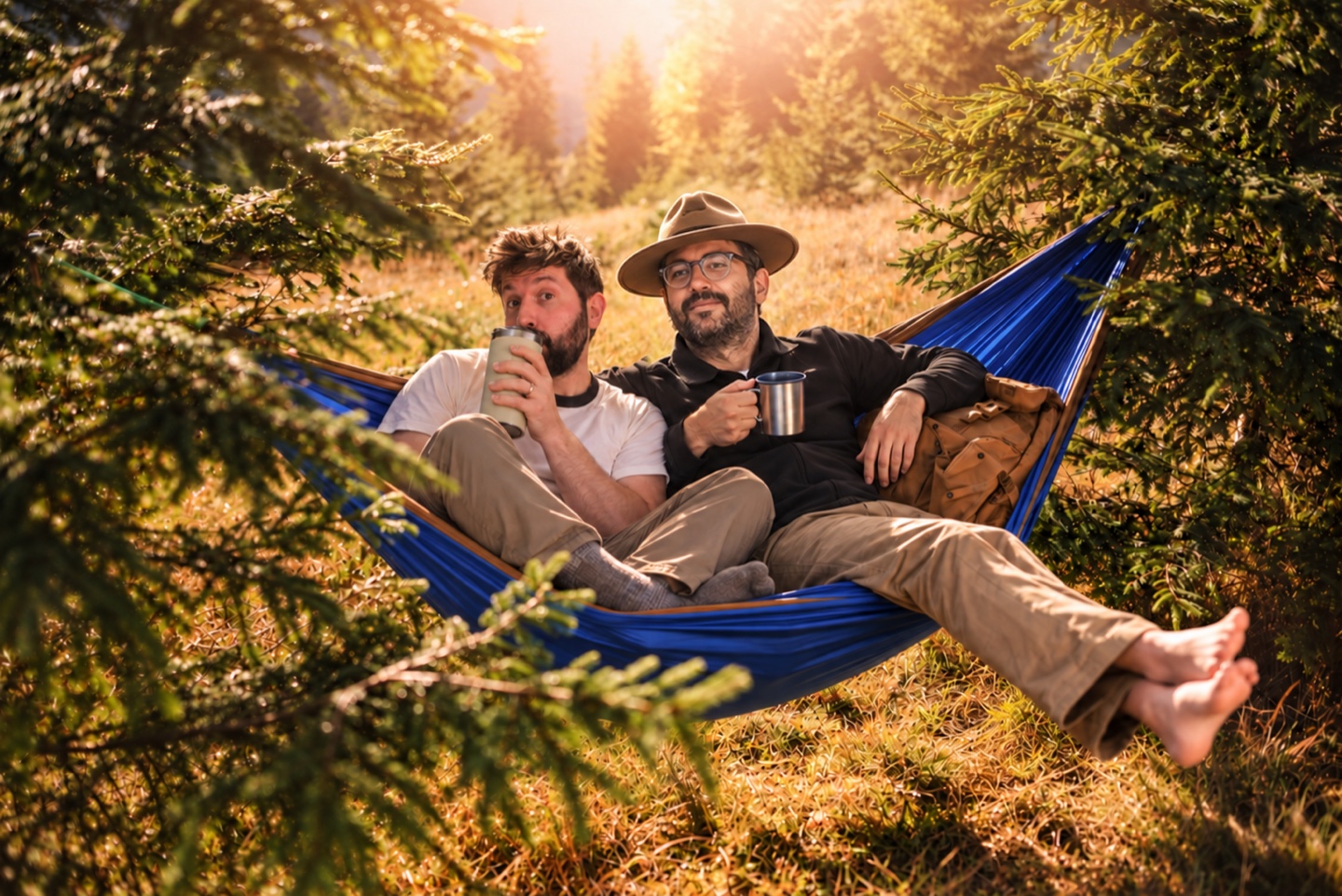 Sam Sugarman and Tanner Tananbaum sharing a blue hammock among sunlit trees, Tanner wearing a ranger hat and Sam sipping from a tumbler.