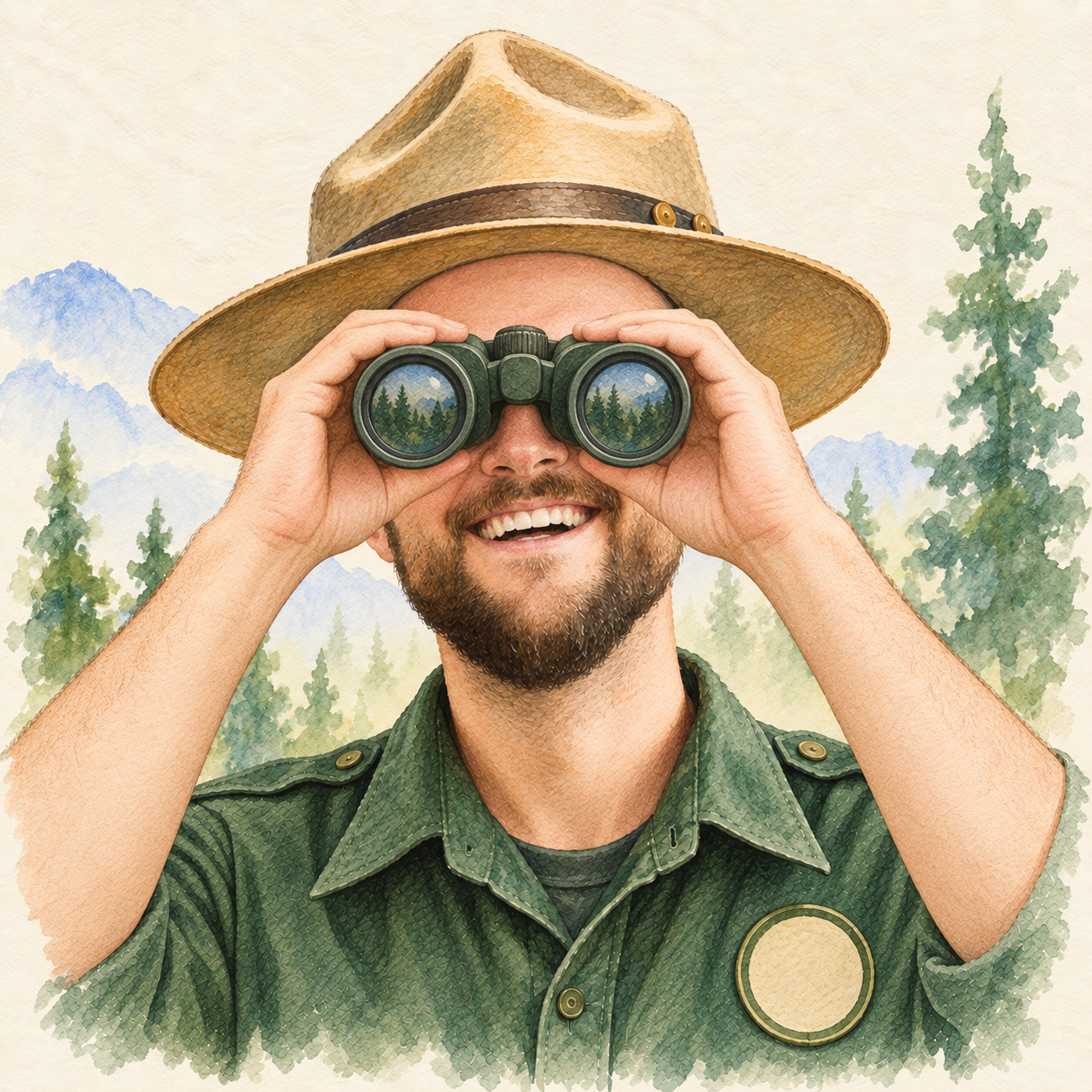 Watercolor ranger portrait of Jordan Schau looking through binoculars.