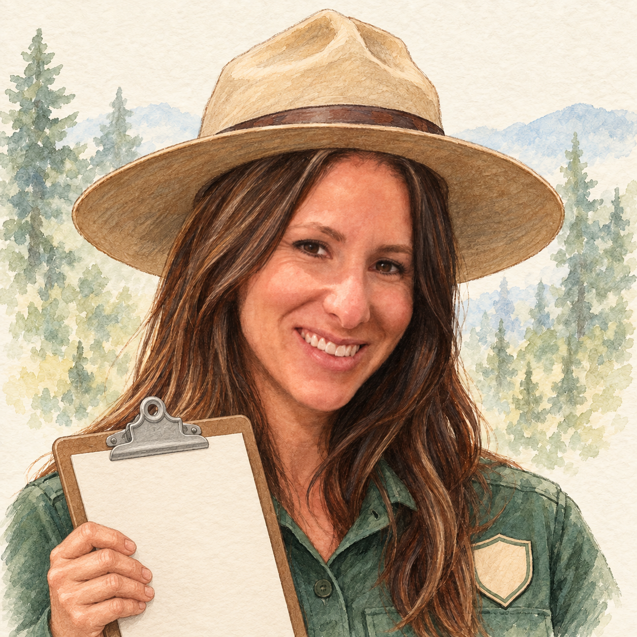 Watercolor ranger portrait of Lauren Zimmer holding a clipboard.