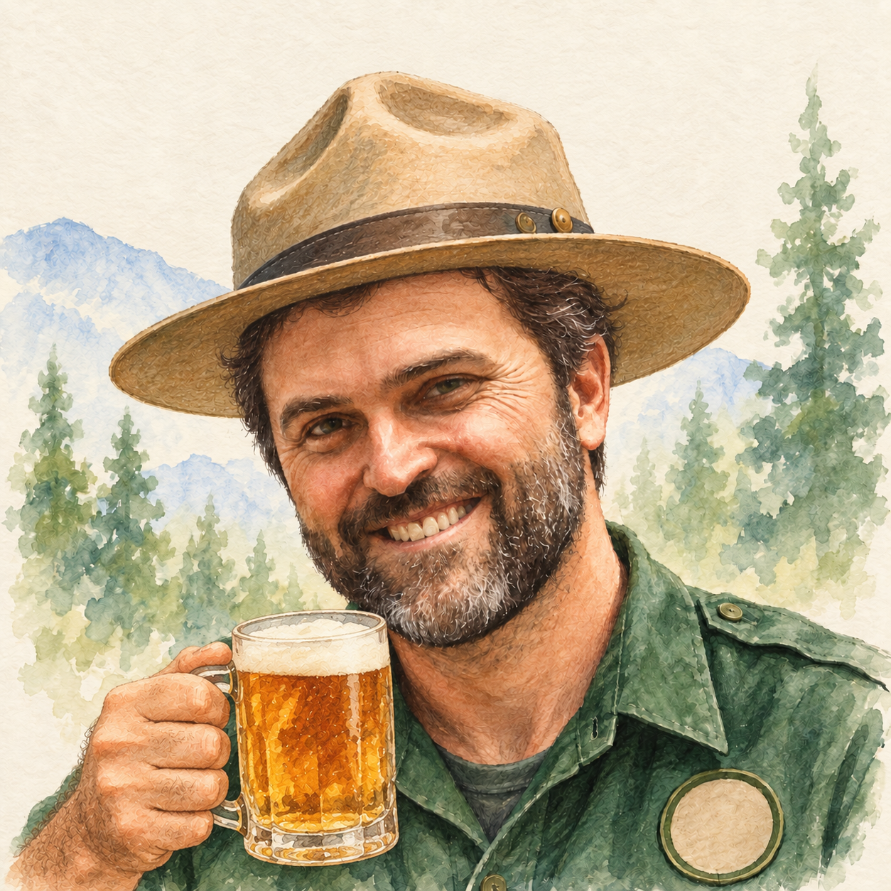 Watercolor ranger portrait of Mark Ankner holding a beer.