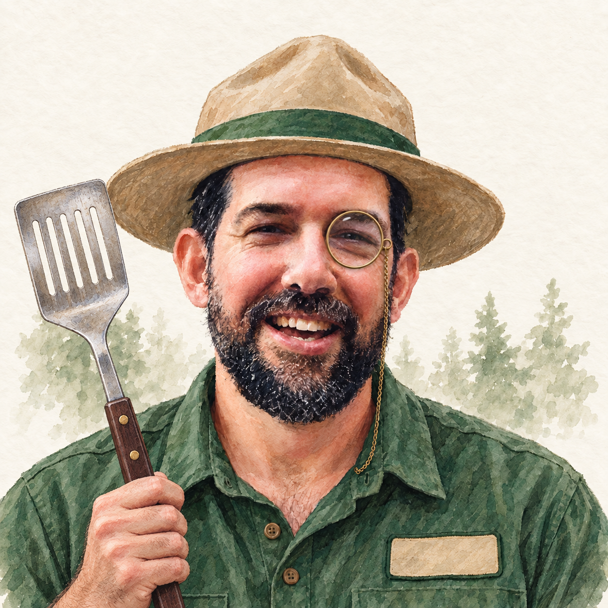 Watercolor ranger portrait of Sam Brenner wearing a monocle and holding a grill spatula.