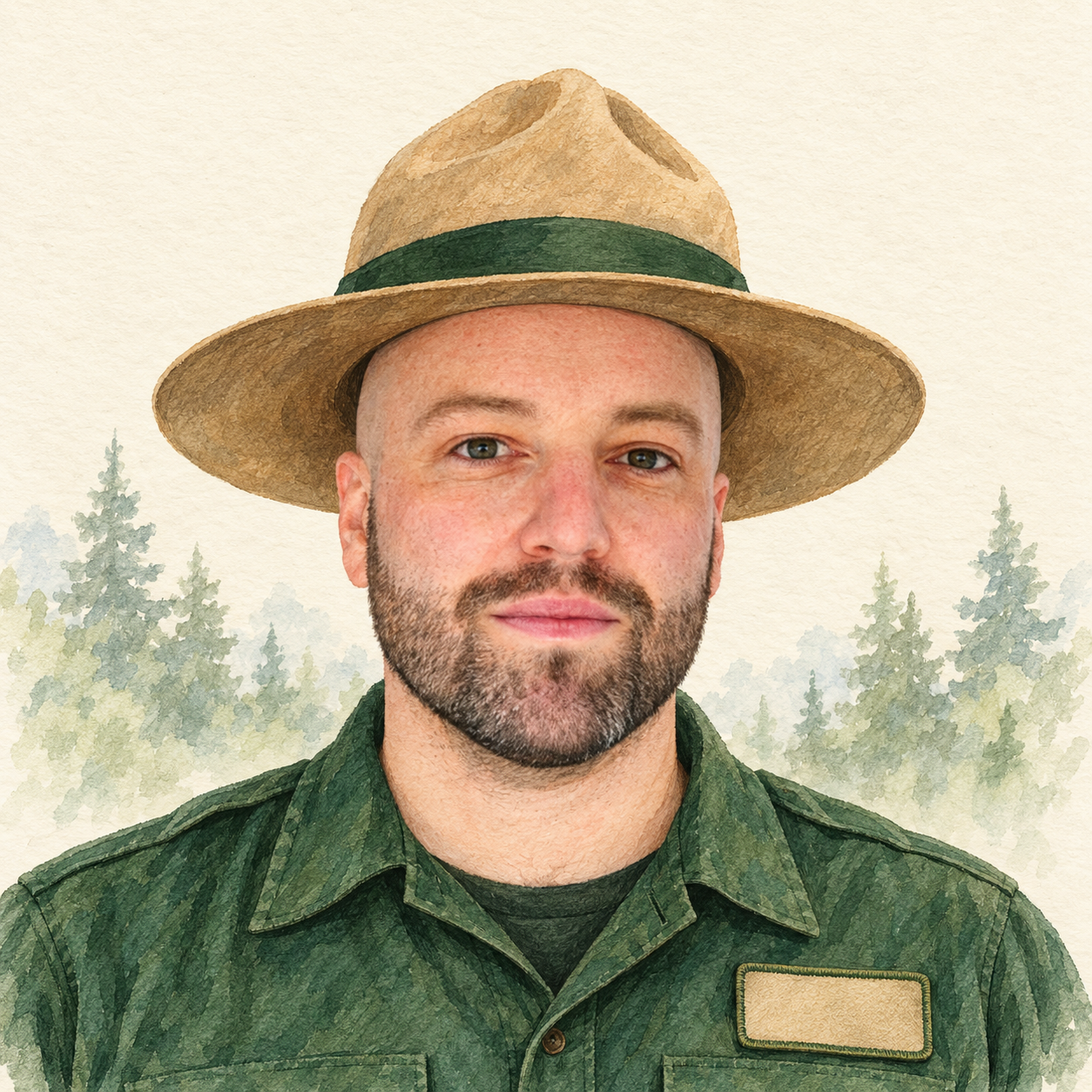 Watercolor ranger portrait of Sam Howard.