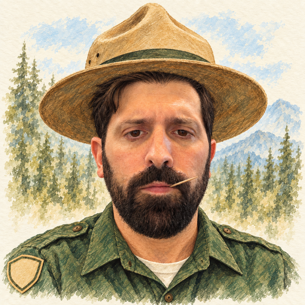 Watercolor ranger portrait of Sam Sugarman with a toothpick.