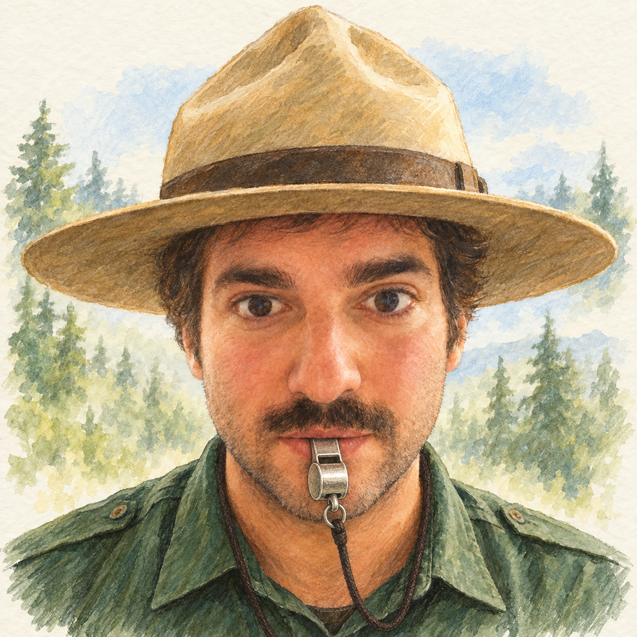 Watercolor ranger portrait of Tanner Tananbaum with a whistle.