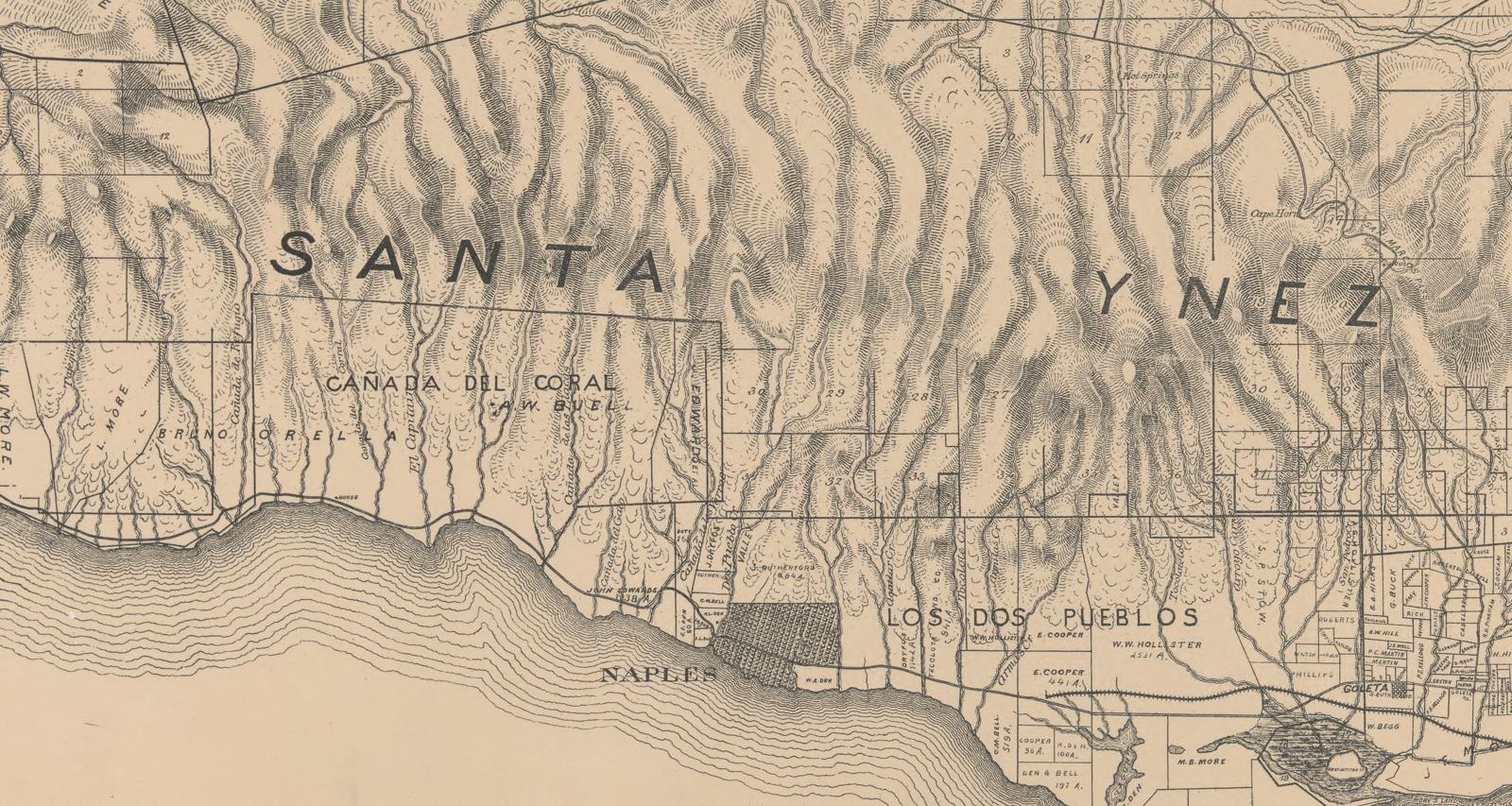 Detail of an 1889 map showing El Capitan Creek, coastal ranchos, and the Santa Ynez mountains.