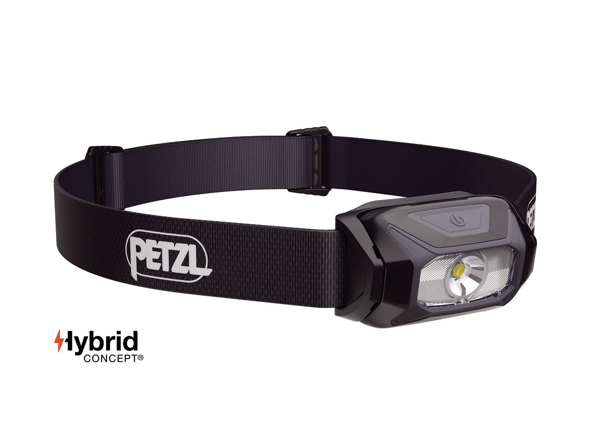Black Petzl Tikkina headlamp and adjustable headband